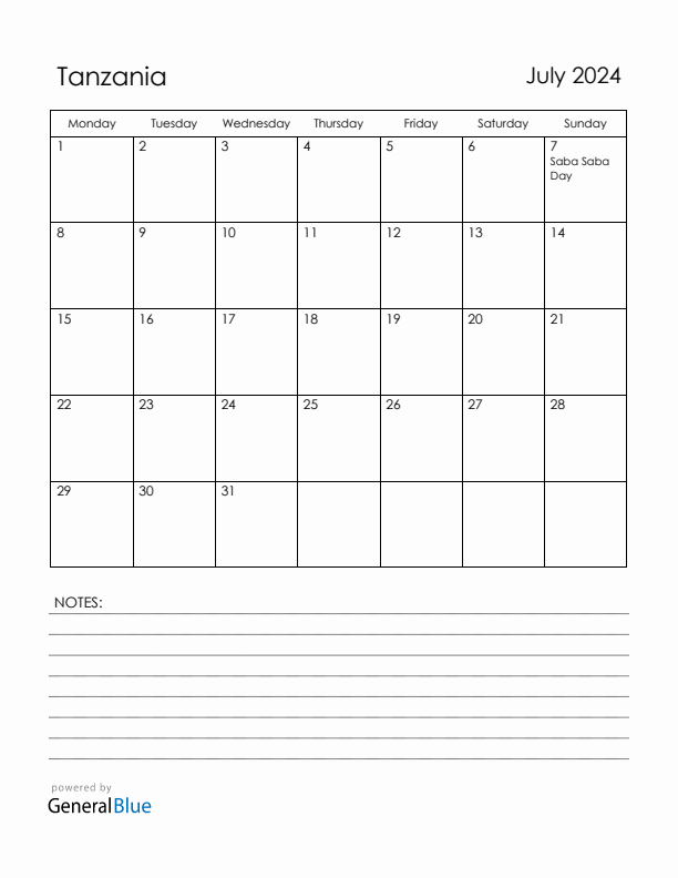 July 2024 Tanzania Calendar with Holidays (Monday Start)
