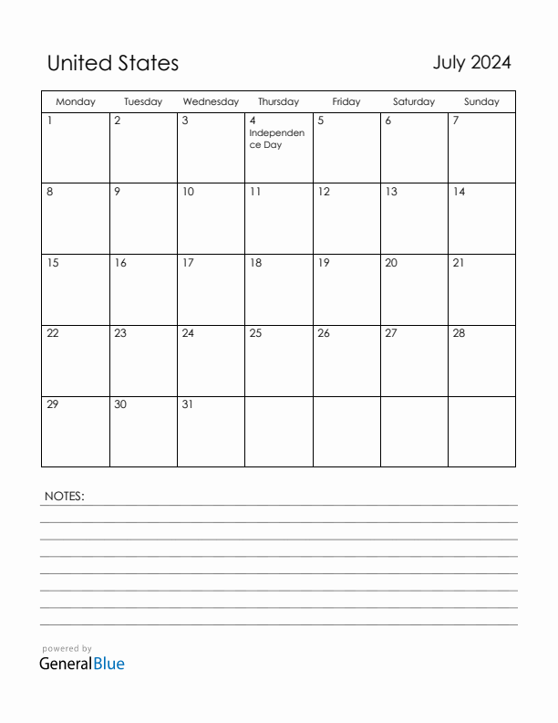 July 2024 United States Calendar with Holidays (Monday Start)