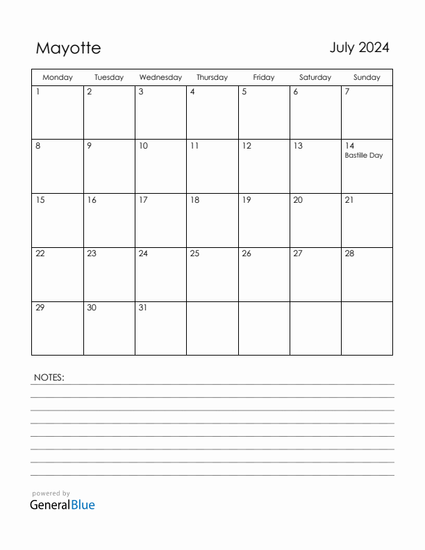 July 2024 Mayotte Calendar with Holidays (Monday Start)