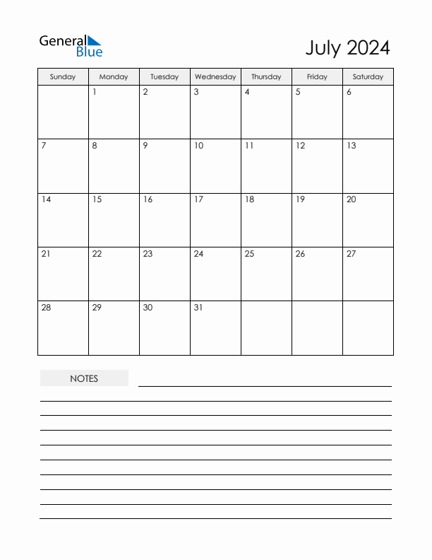 Printable Calendar with Notes - July 2024 