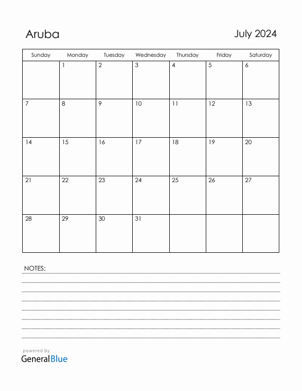 July 2024 Aruba Calendar with Holidays (Sunday Start)