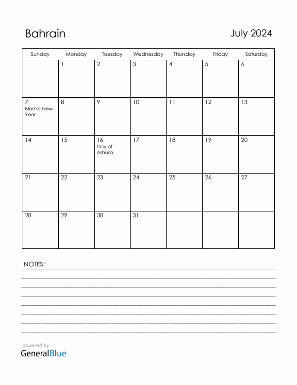 July 2024 Bahrain Calendar with Holidays (Sunday Start)