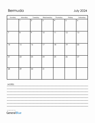 Current month calendar with Bermuda holidays for July 2024