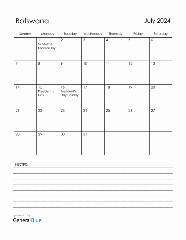 July 2024 Botswana Calendar with Holidays (Sunday Start)
