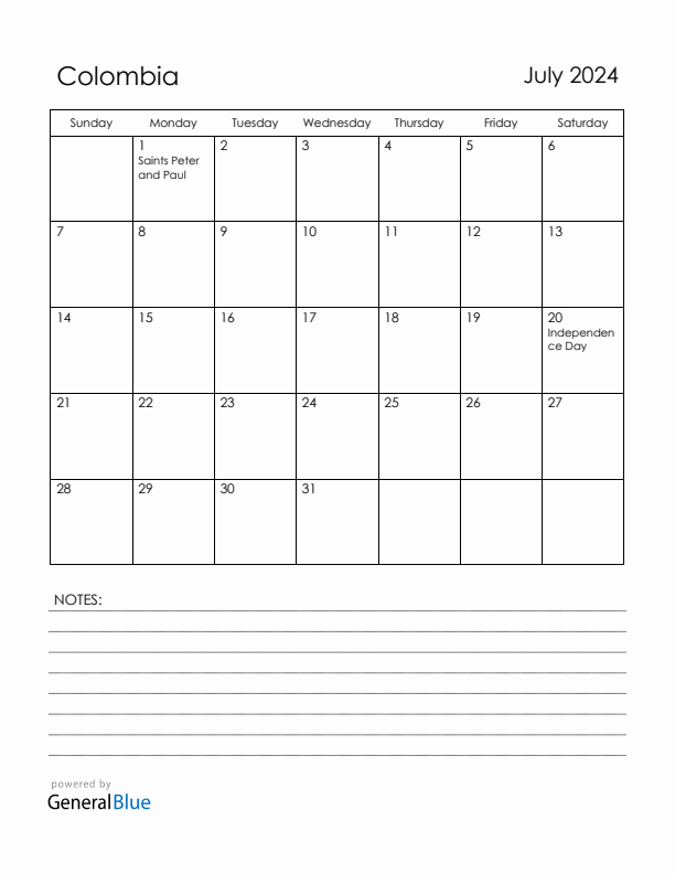 July 2024 Colombia Calendar with Holidays (Sunday Start)