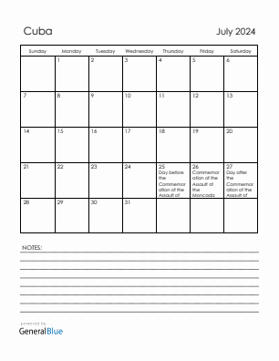Current month calendar with Cuba holidays for July 2024