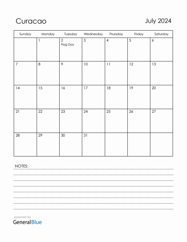 July 2024 Curacao Calendar with Holidays (Sunday Start)