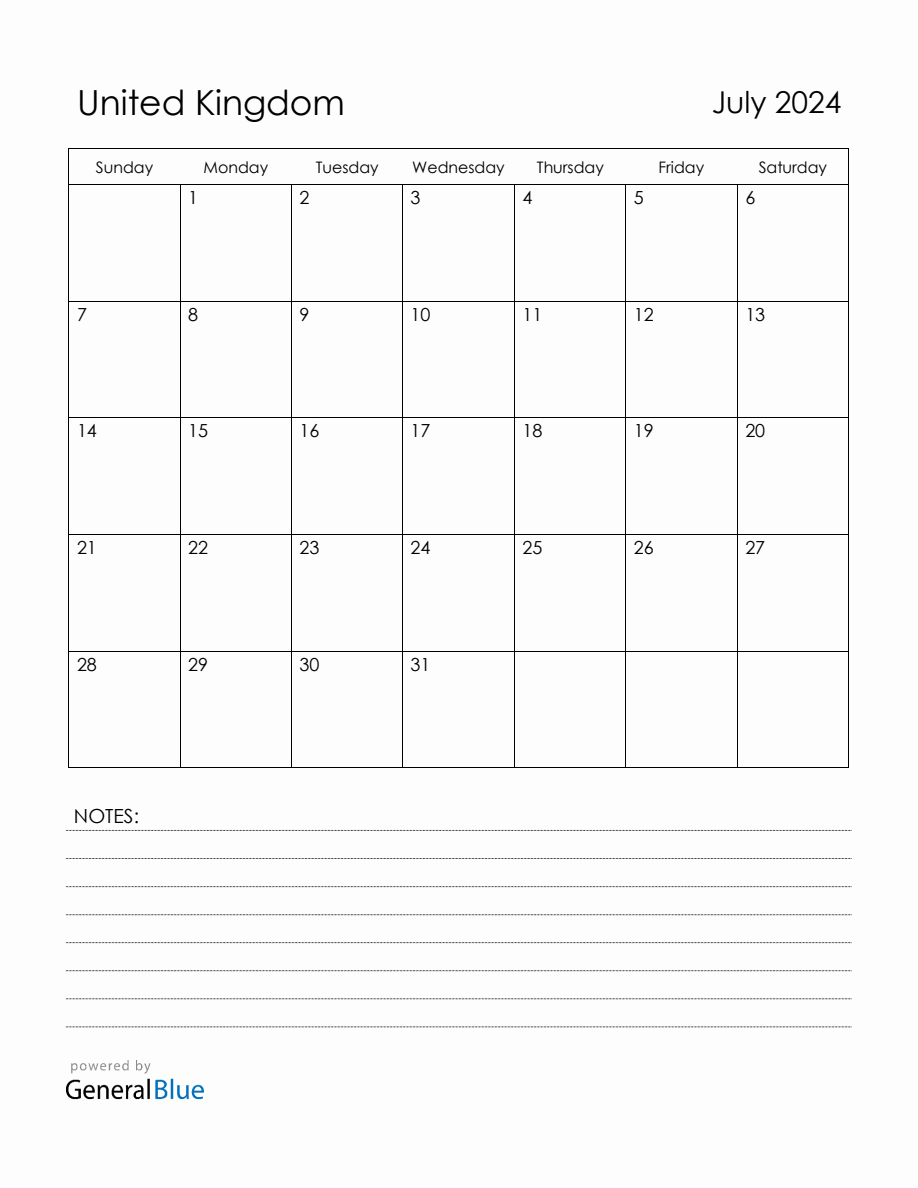 July 2024 United Kingdom Calendar with Holidays