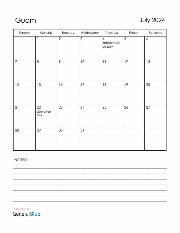 July 2024 Guam Calendar with Holidays (Sunday Start)