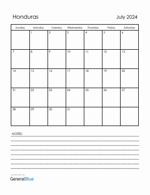 Current month calendar with Honduras holidays for July 2024