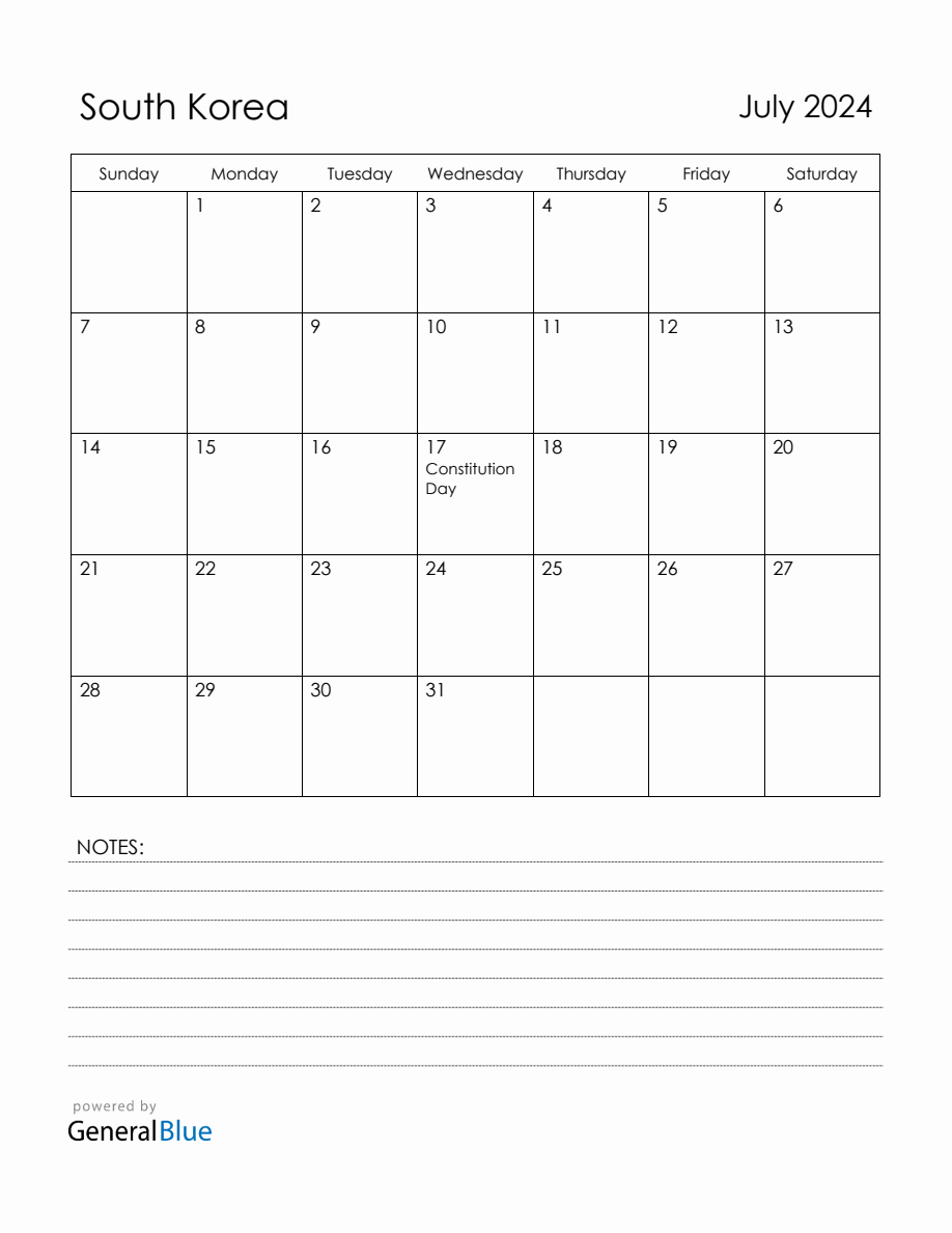July 2024 South Korea Calendar with Holidays