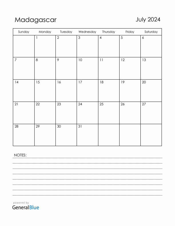 July 2024 Madagascar Calendar with Holidays (Sunday Start)