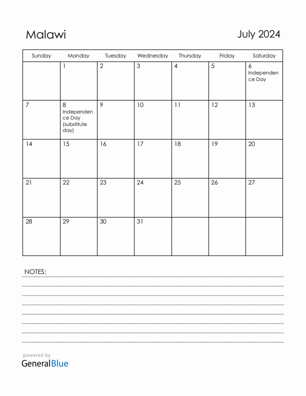 July 2024 Malawi Calendar with Holidays (Sunday Start)