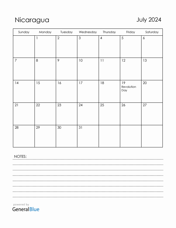 July 2024 Nicaragua Calendar with Holidays (Sunday Start)