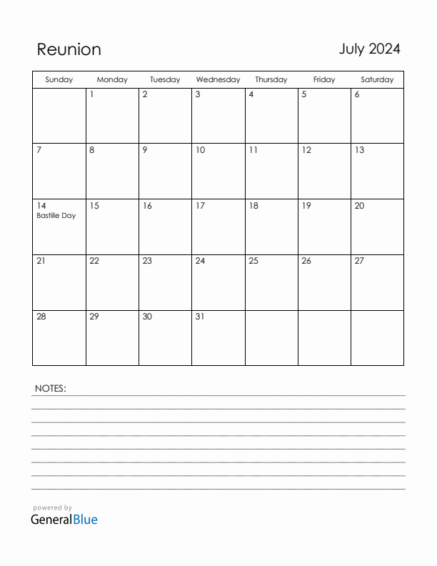 July 2024 Reunion Calendar with Holidays (Sunday Start)