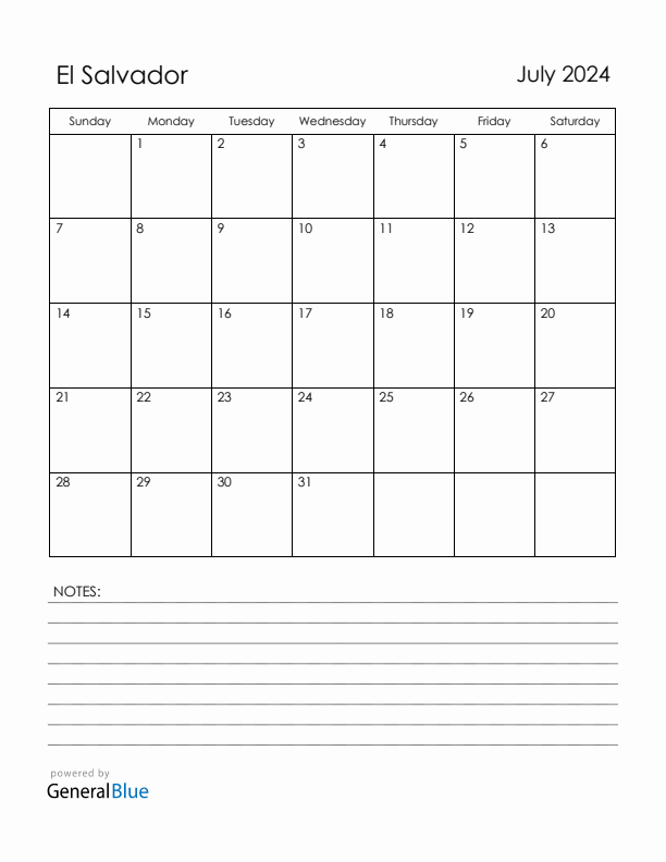 July 2024 Monthly Calendar with El Salvador Holidays