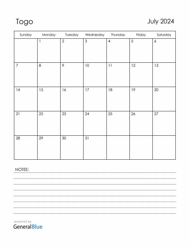 July 2024 Togo Calendar with Holidays (Sunday Start)