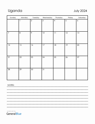 Current month calendar with Uganda holidays for July 2024