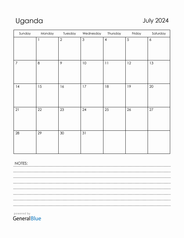 July 2024 Uganda Calendar with Holidays (Sunday Start)
