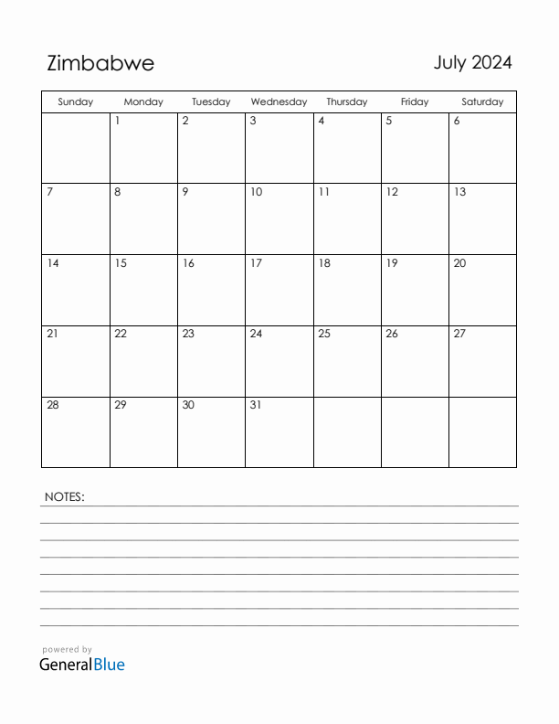 July 2024 Zimbabwe Calendar with Holidays (Sunday Start)