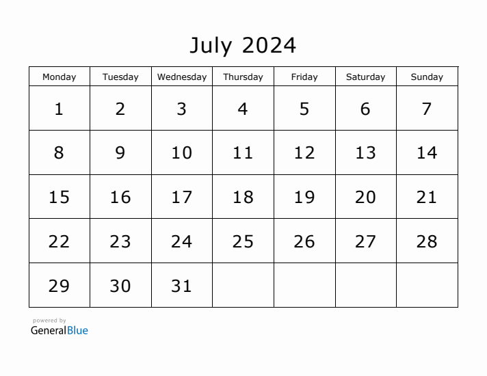 Printable July 2024 Calendar - Monday Start