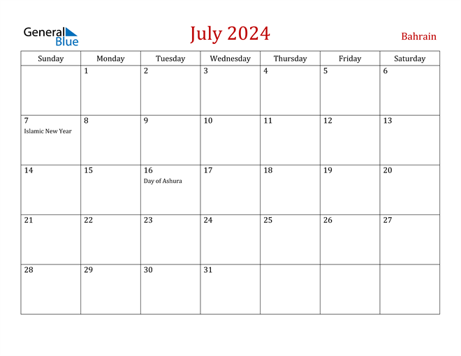 Bahrain July 2024 Calendar