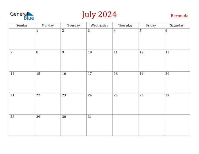 July 2024 Calendar with Bermuda Holidays