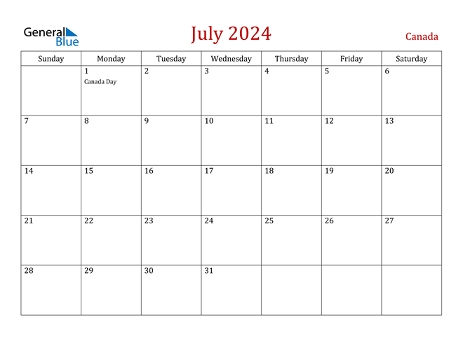 Canada July 2024 Calendar