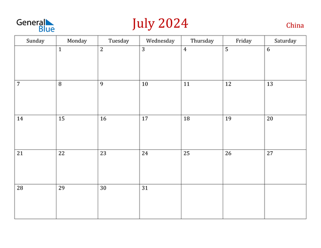 China July 2024 Calendar with Holidays