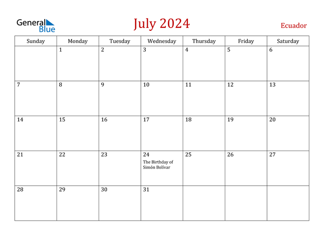 Ecuador July 2024 Calendar