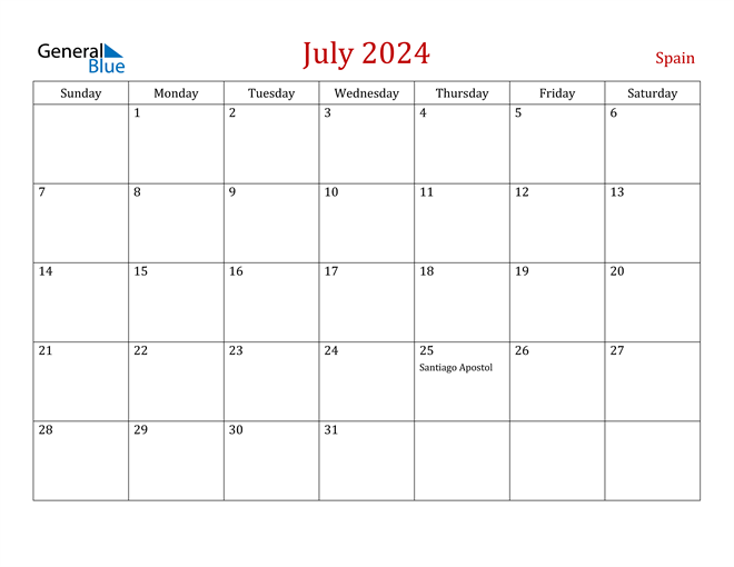 Spain July 2024 Calendar