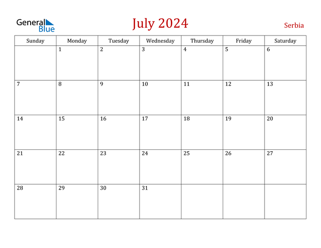 Serbia July 2024 Calendar with Holidays