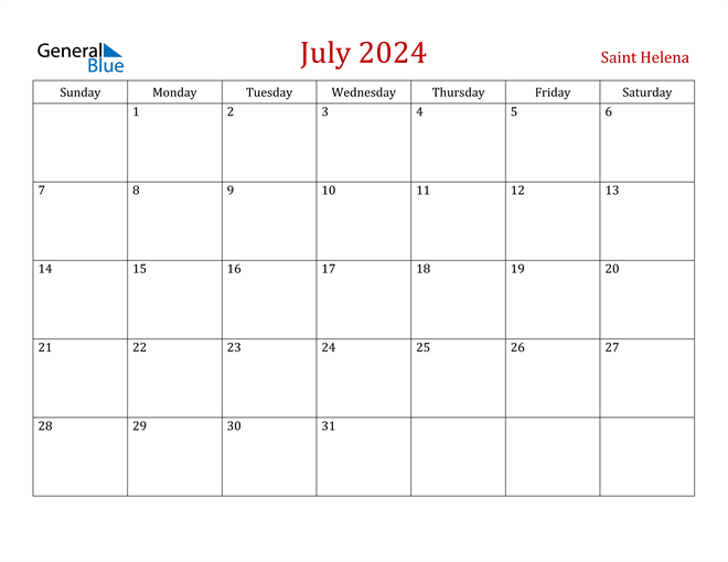 Saint Helena July 2024 Calendar with Holidays