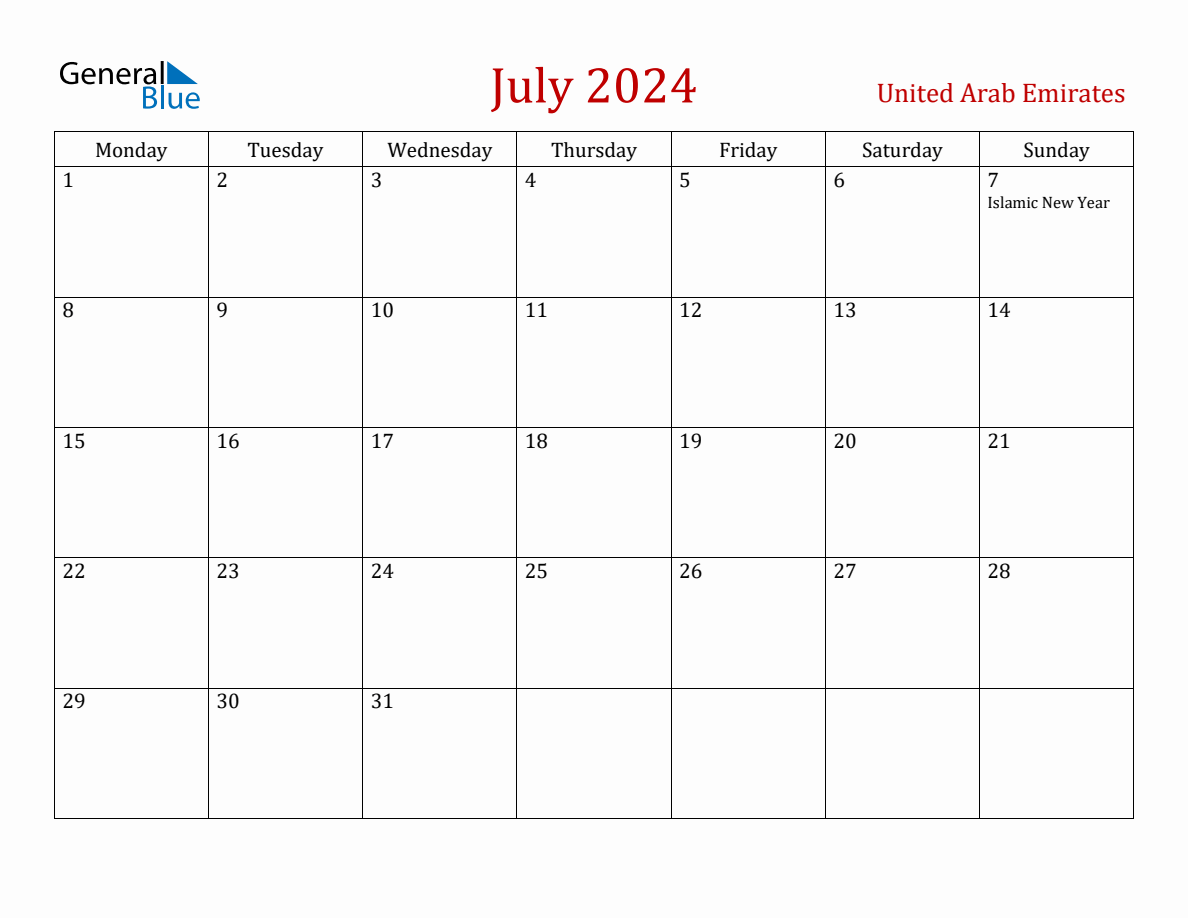 July 2024 United Arab Emirates Monthly Calendar with Holidays