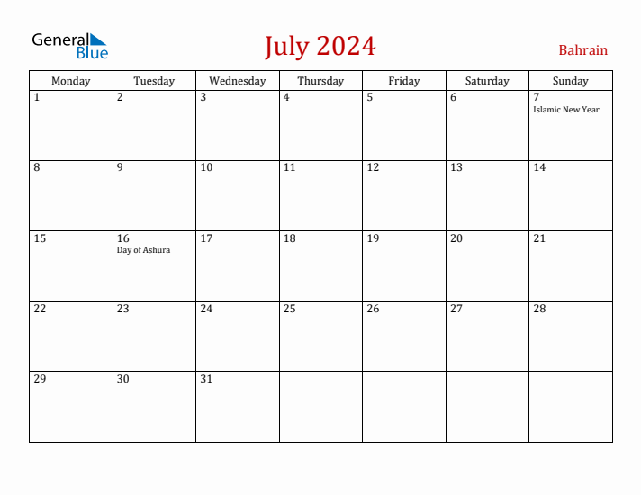 Bahrain July 2024 Calendar - Monday Start