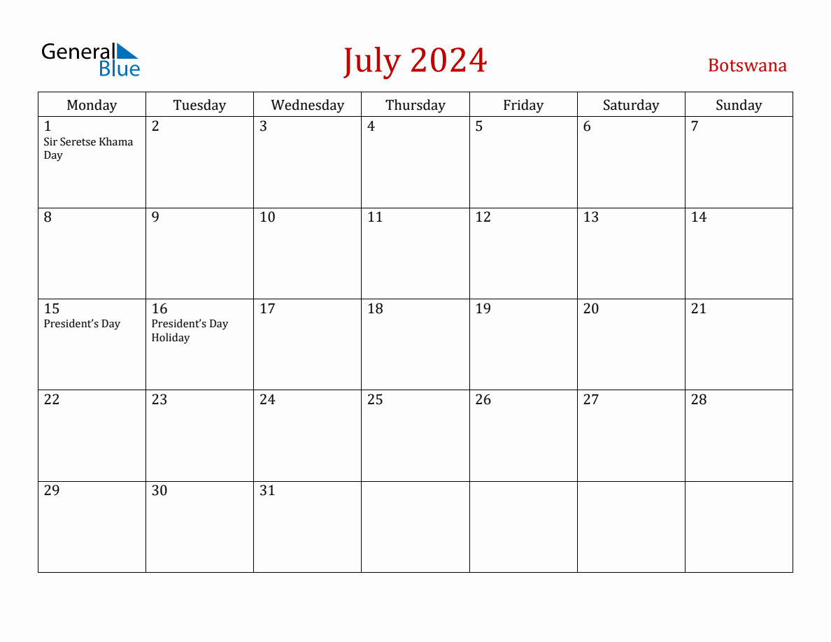 July 2024 Botswana Monthly Calendar with Holidays