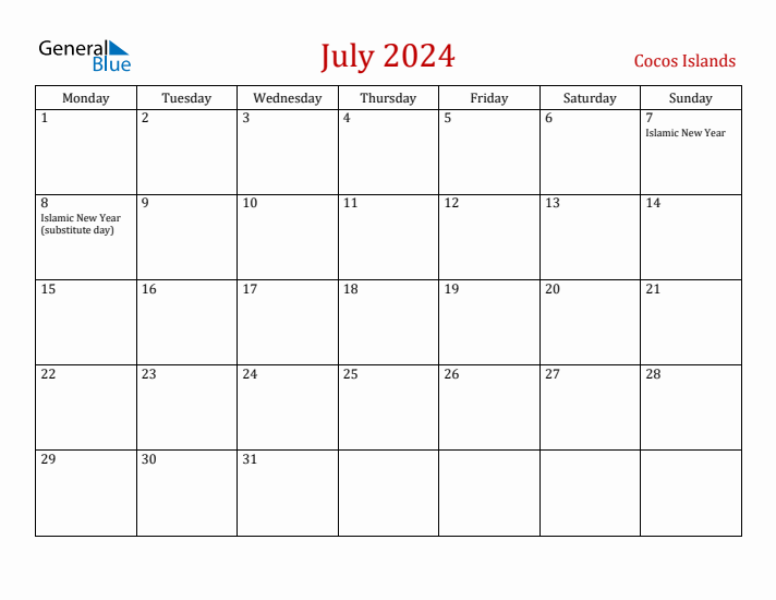 Cocos Islands July 2024 Calendar - Monday Start