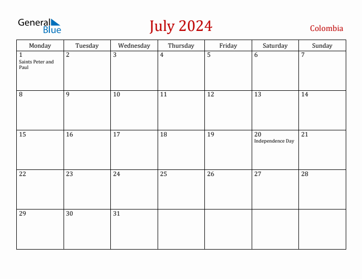 Colombia July 2024 Calendar - Monday Start