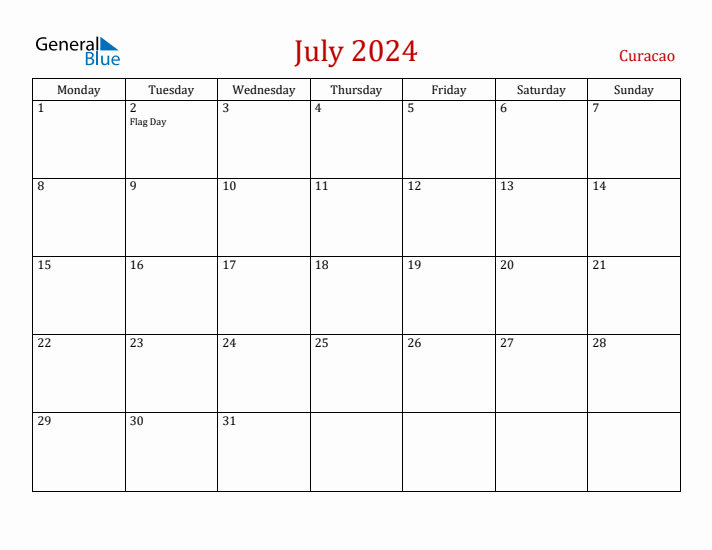 Curacao July 2024 Calendar - Monday Start