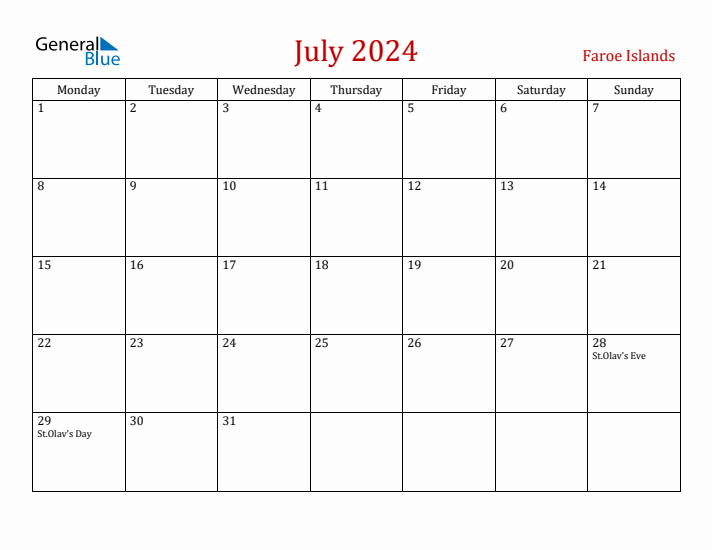 Faroe Islands July 2024 Calendar - Monday Start