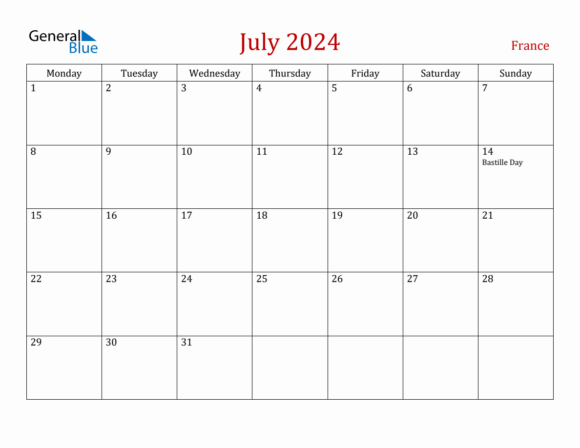 July 2024 France Monthly Calendar with Holidays