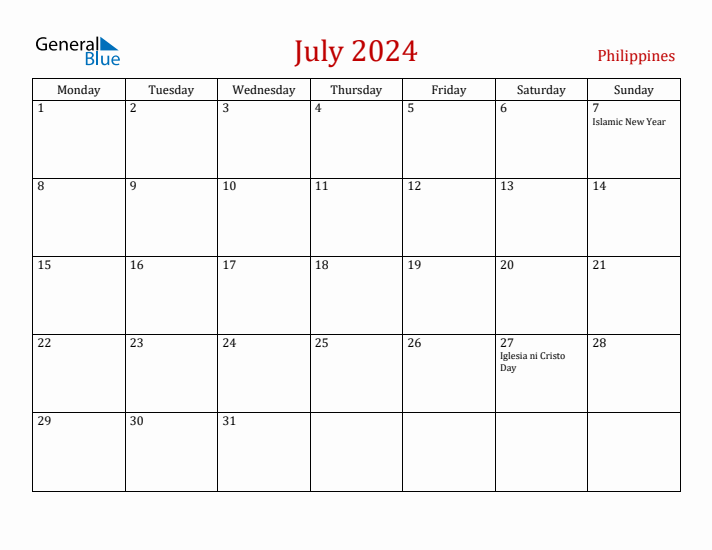 Philippines July 2024 Calendar - Monday Start