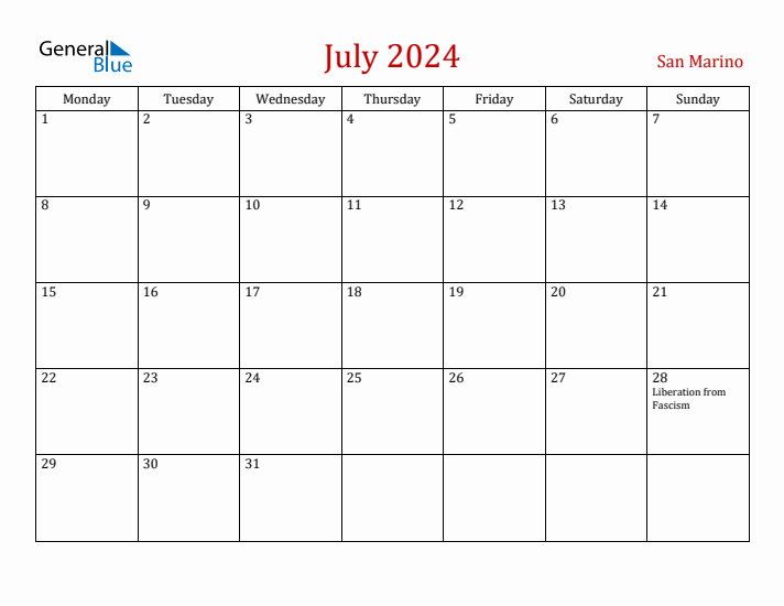 San Marino July 2024 Calendar - Monday Start