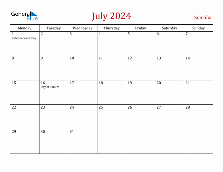 Somalia July 2024 Calendar - Monday Start