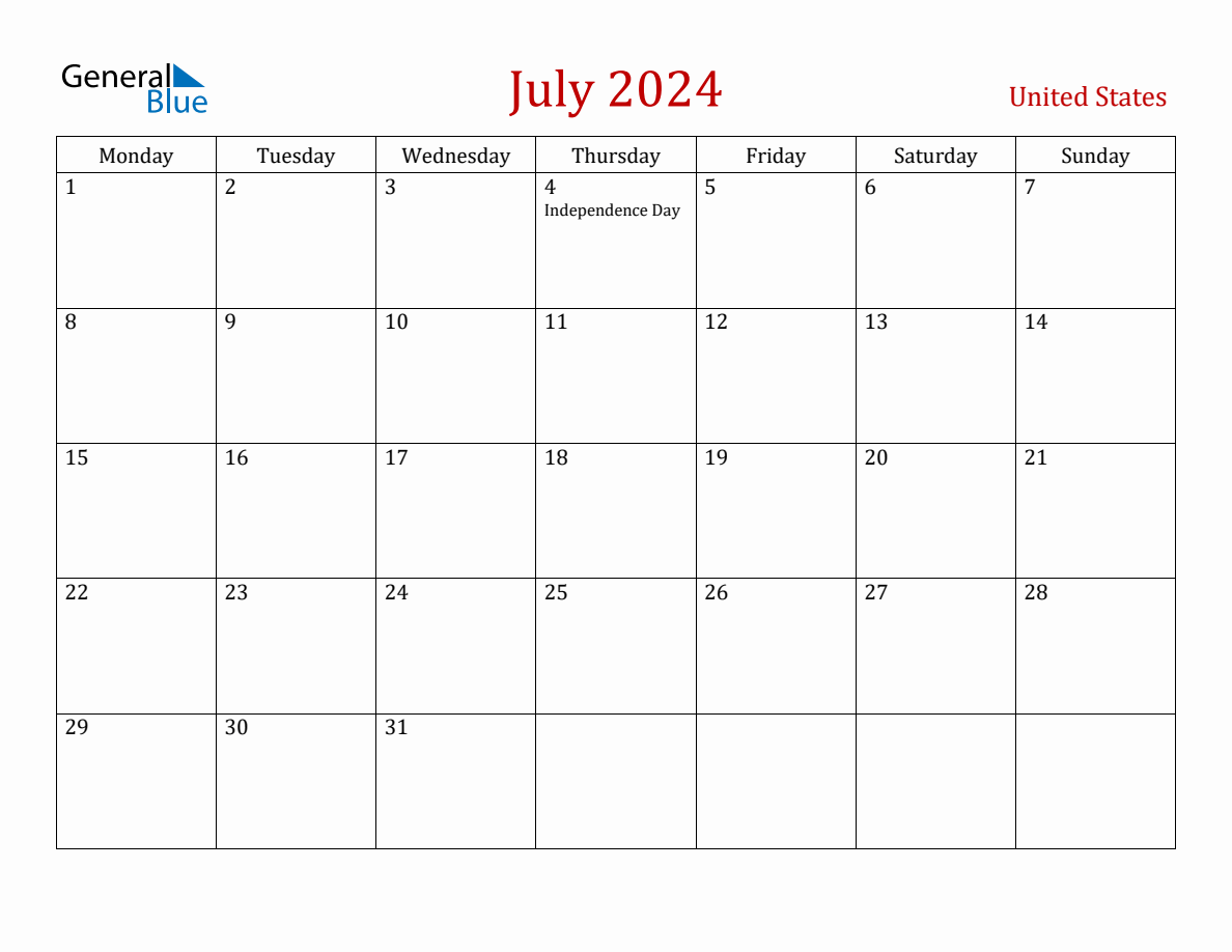 July 2024 United States Monthly Calendar with Holidays