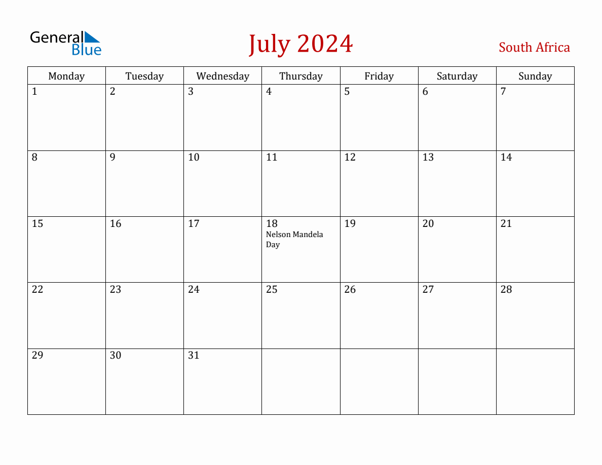 Printable Calendar July 2024 South Africa