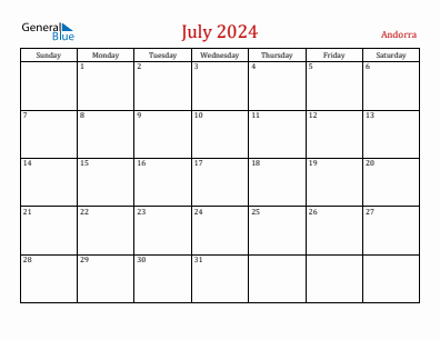 Current month calendar with Andorra holidays for July 2024