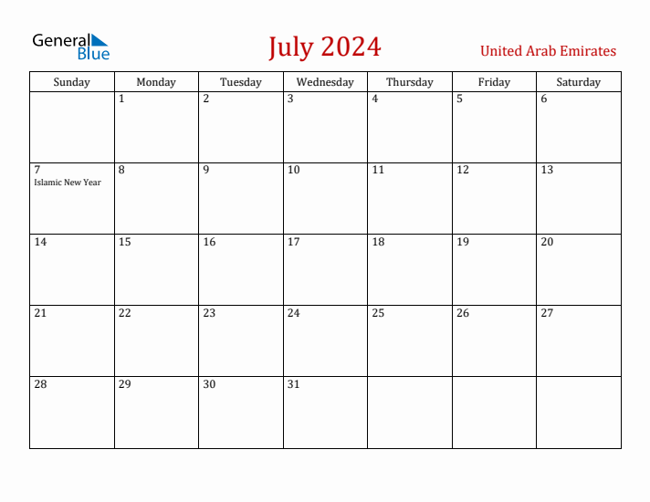 United Arab Emirates July 2024 Calendar - Sunday Start