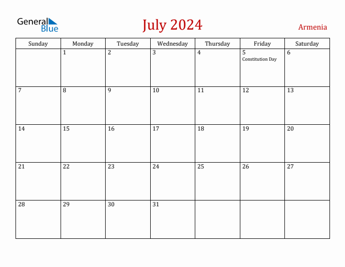 Armenia July 2024 Calendar - Sunday Start