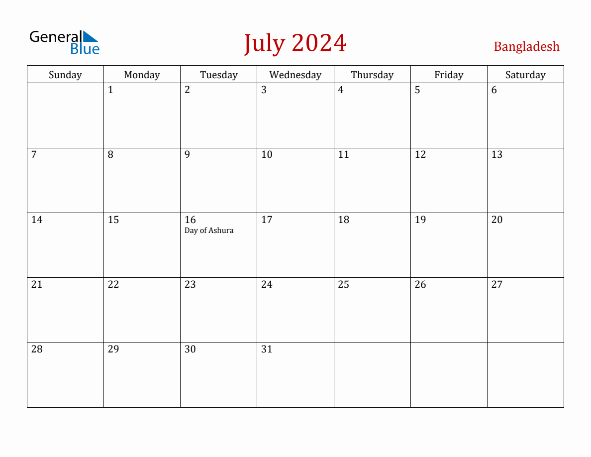 July 2024 Bangladesh Monthly Calendar with Holidays